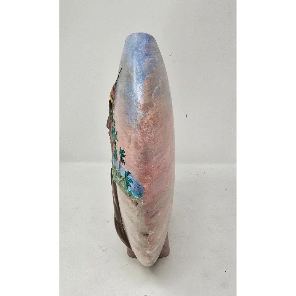 Hand painted ceramic portrait vase tropical sunset Indigenous art pottery pink